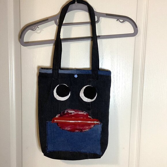 Handmade Small Denim Tote Shoulder Bag With Face Cute Core Hippie Y2K - Picture 2 of 5